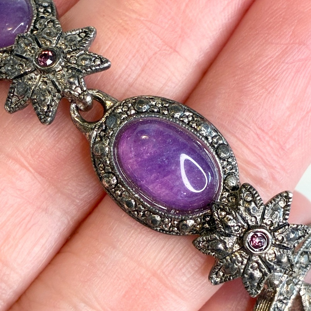 Vintage Premier Designs Bracelet Floral Purple Cabochon Rhinestone Silver Tone - Picture 1 of 11